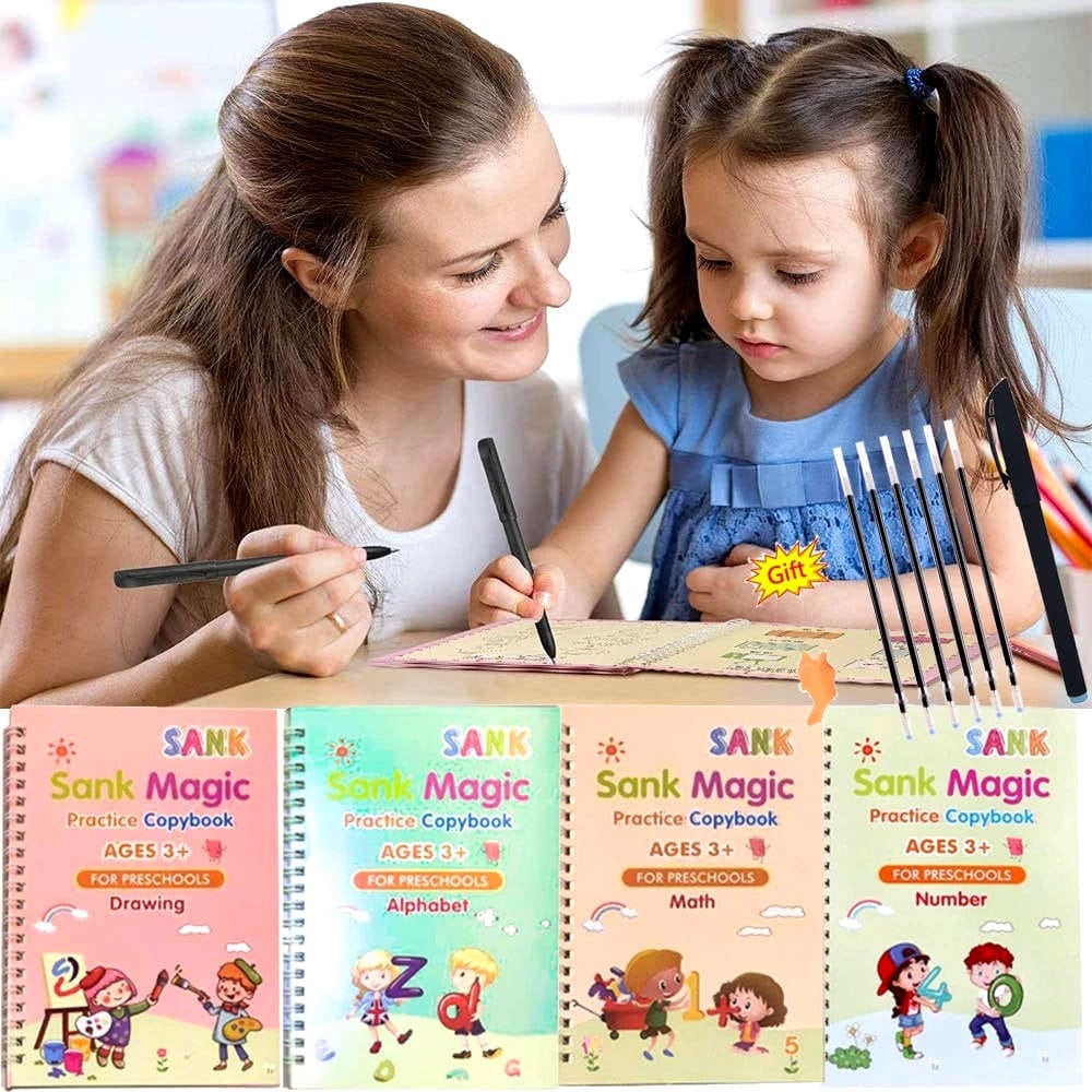Sank Magic Practice Book Set 4 Books with Pen & 10 Refills Kids Handwriting Learning Kit