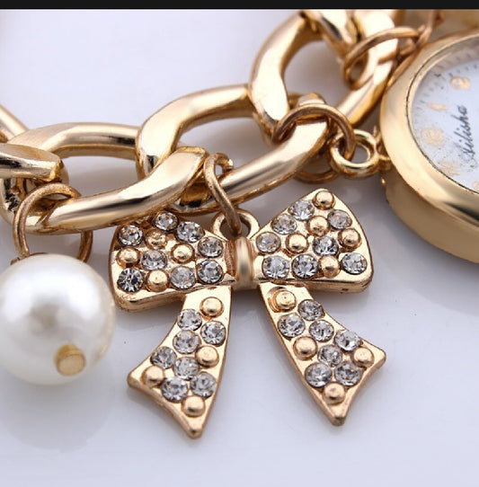 New Fashion Gold Chain Pearl Bracelet Watch For Women % Girls