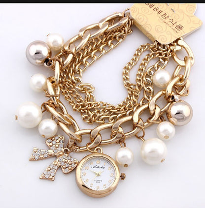 New Fashion Gold Chain Pearl Bracelet Watch For Women % Girls