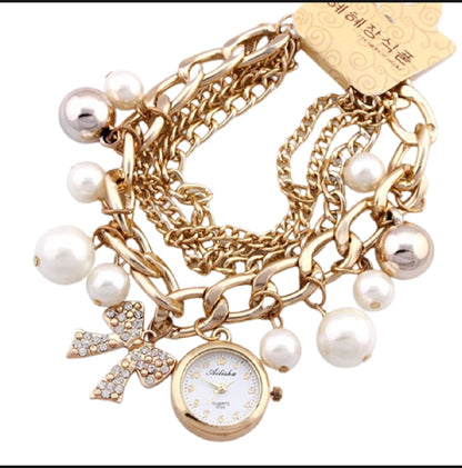 New Fashion Gold Chain Pearl Bracelet Watch For Women % Girls