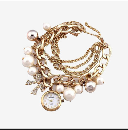 New Fashion Gold Chain Pearl Bracelet Watch For Women % Girls