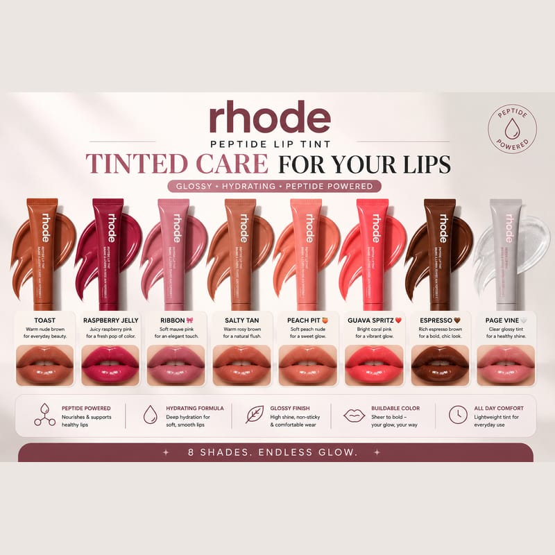 Rhode Peptide Lip Tint (Pack of 8 Pcs) – Complete Multi-Shade Bundle for Everyday Natural & Glossy Look