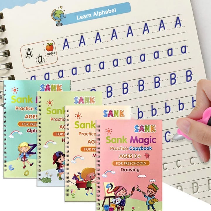 Sank Magic Practice Book Set 4 Books with Pen & 10 Refills Kids Handwriting Learning Kit